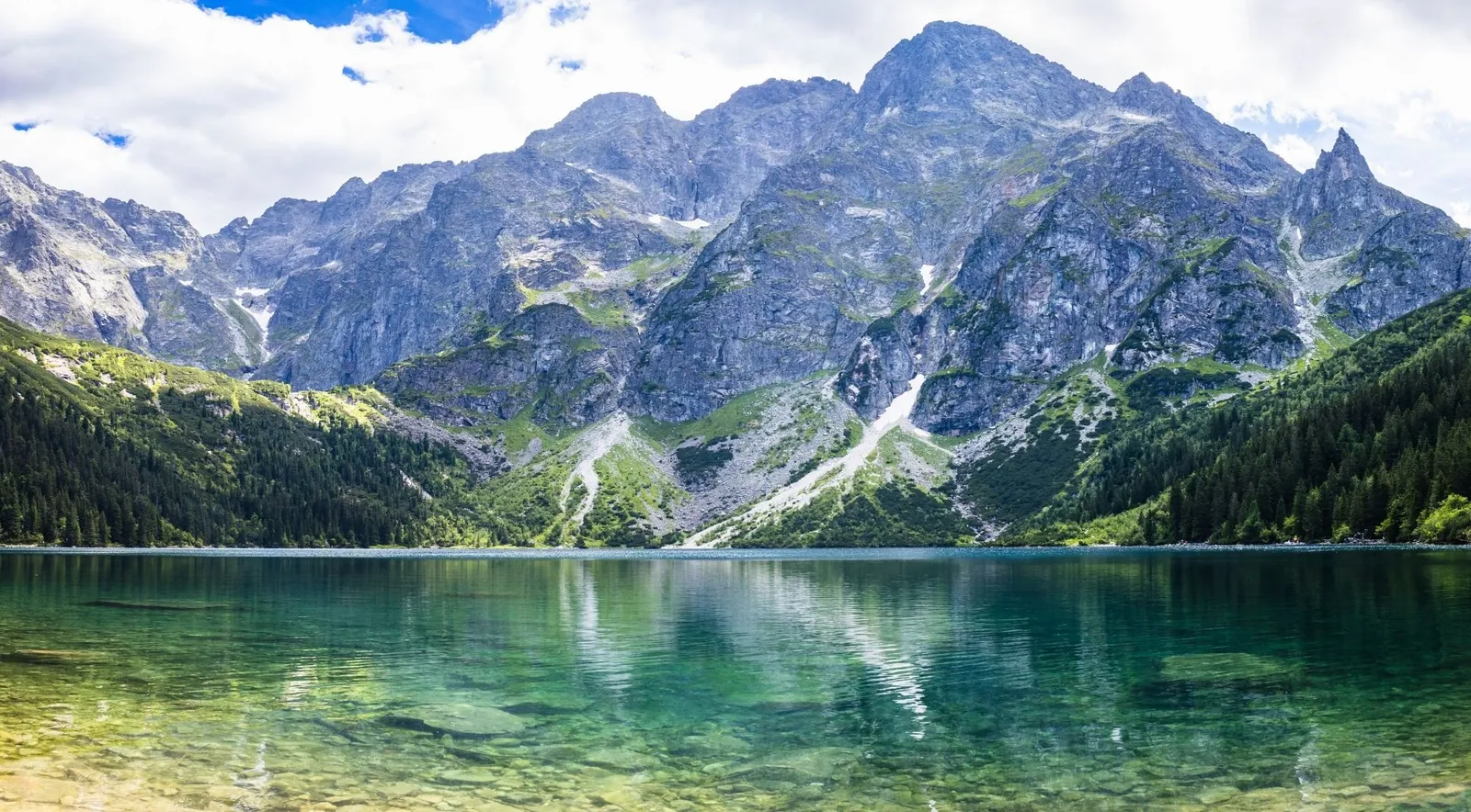 A turquoise mountain lake below grey granite peaks in summer