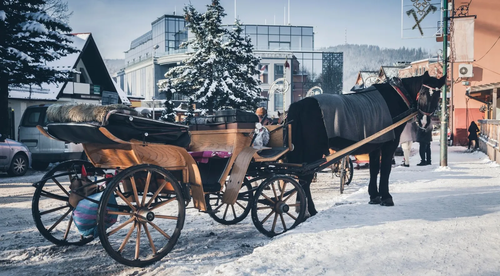 A horse in a blanket pulling a carriage along a snowy street