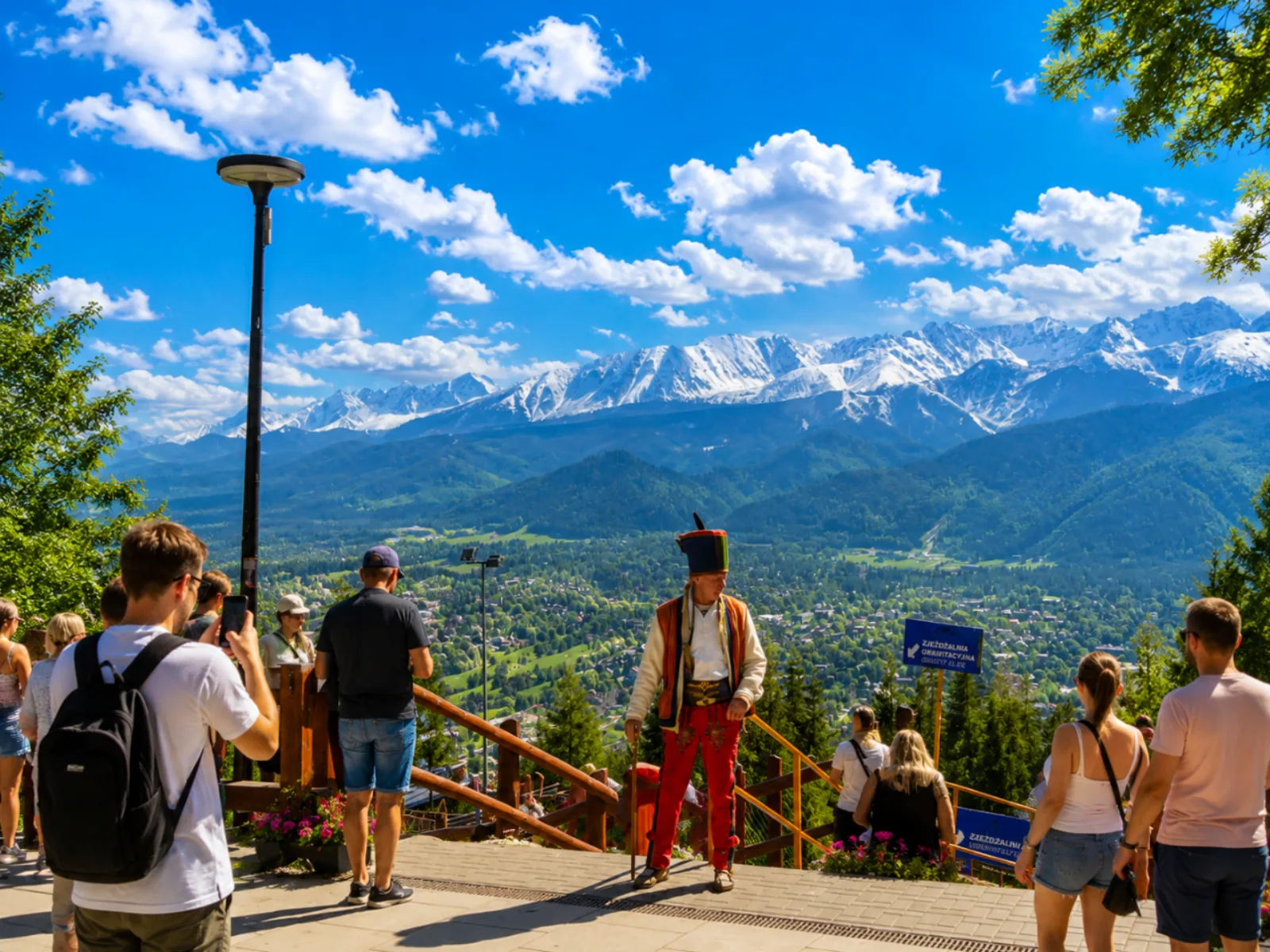 Man in highland costume on a busy viewpoint facing snowy Tatra peaks