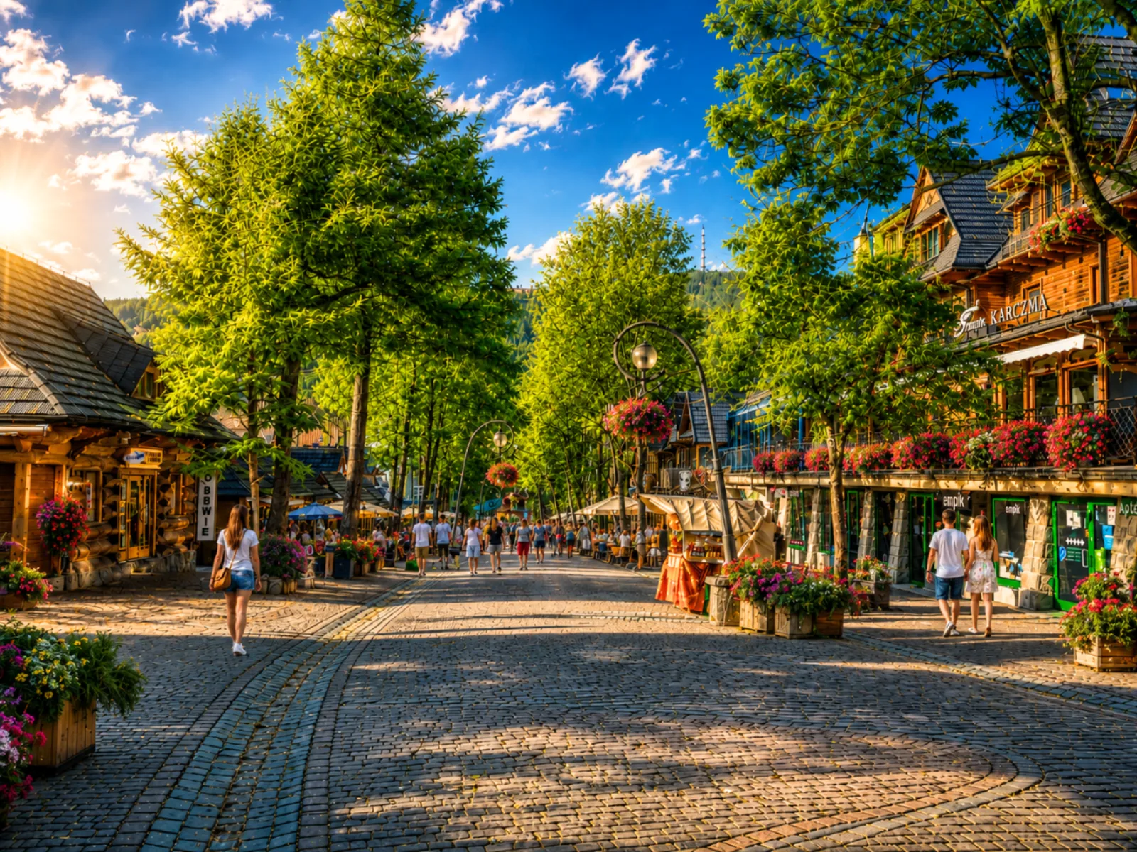 Tree-lined cobbled pedestrian street with wooden buildings and flower boxes