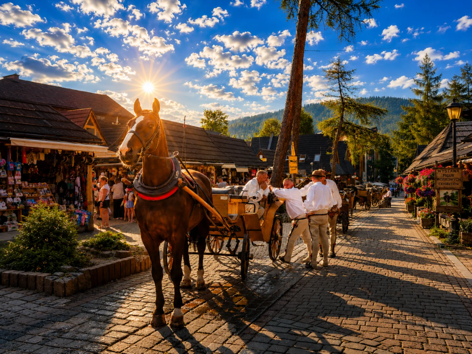 Horse and carriage by market stalls on a cobbled street at sunset