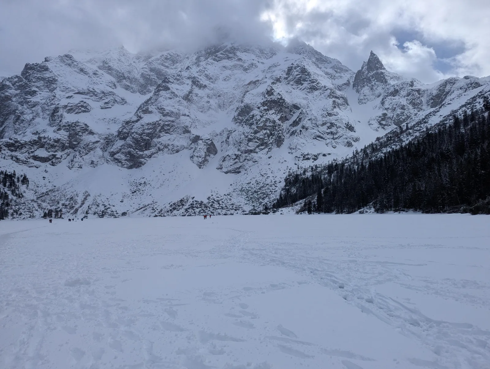 Snow-covered frozen lake below steep rocky peaks with distant walkers