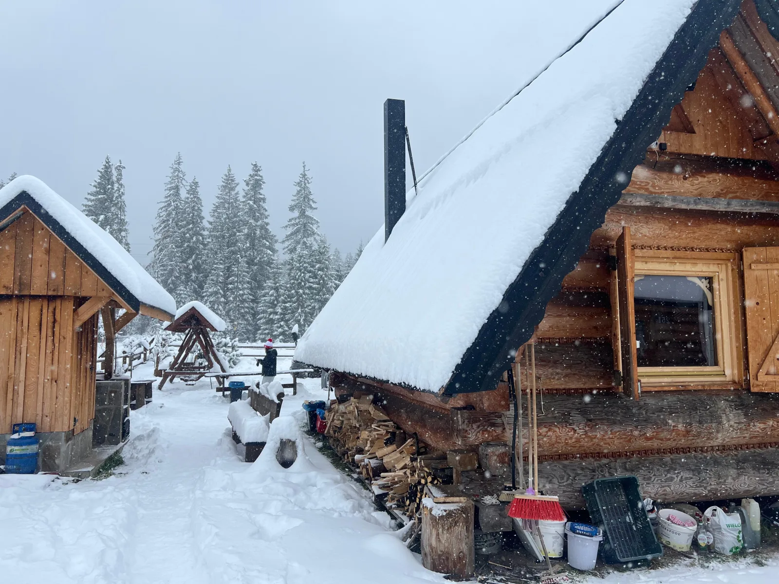 Log cabin with deep snow on its roof among spruce trees
