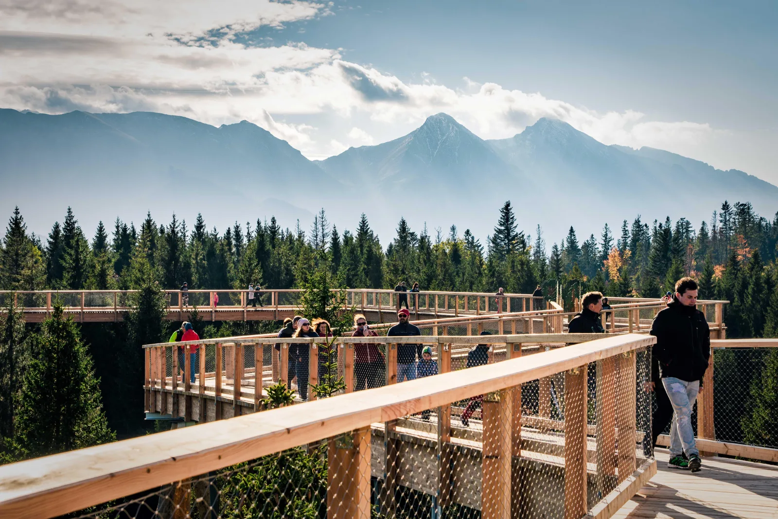 Visitors on a wooden treetop walkway with jagged mountains behind
