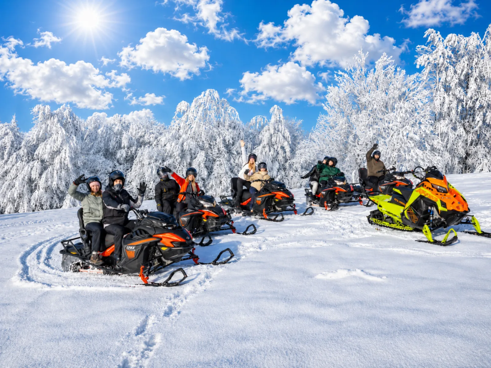 Group of riders waving from snowmobiles in front of snow-laden trees