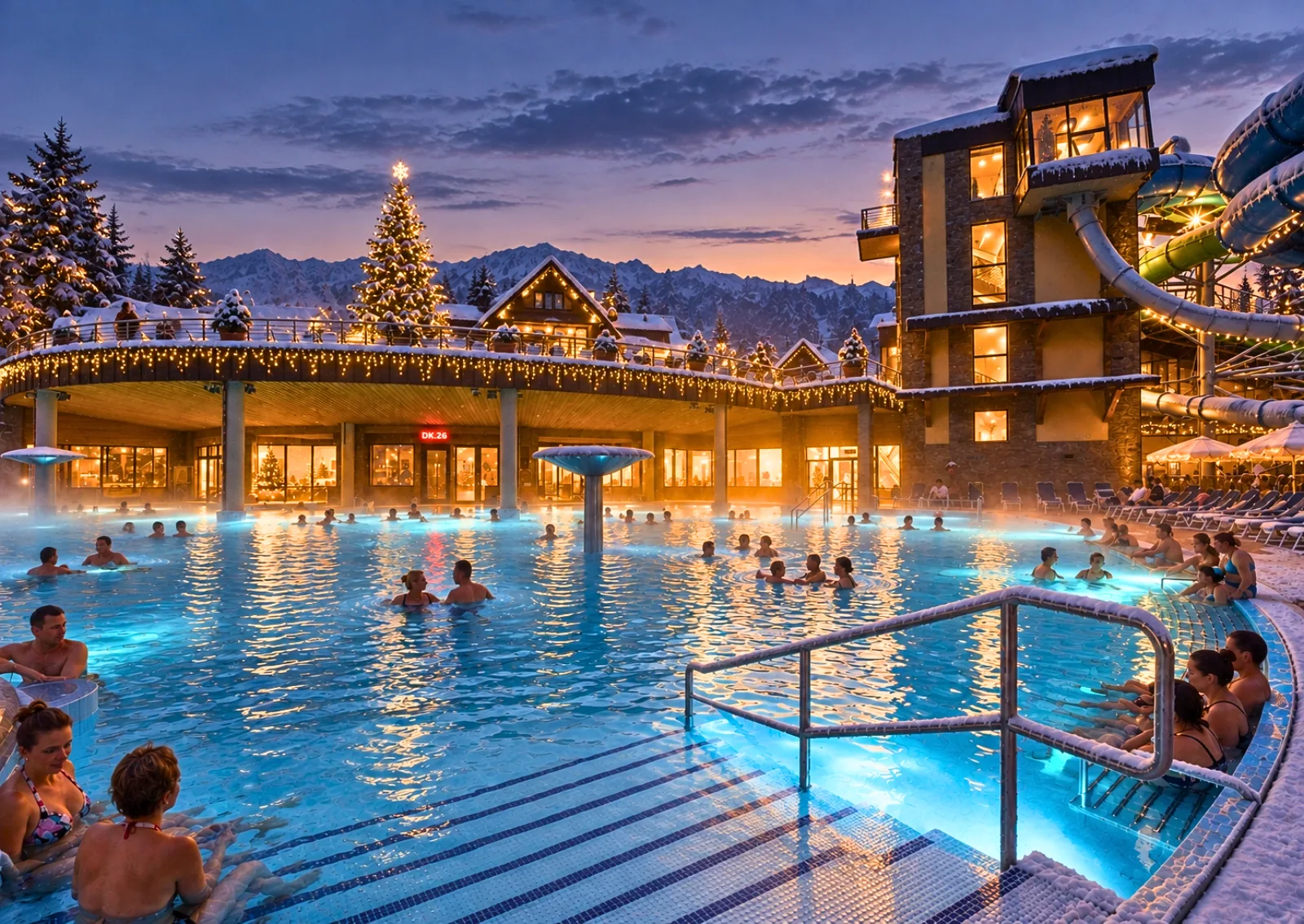 Bathers in a lit outdoor thermal pool at dusk with mountains behind
