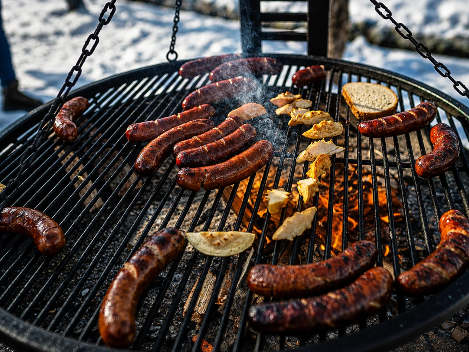 Sausages, bread and cheese grilling over an open fire outdoors
