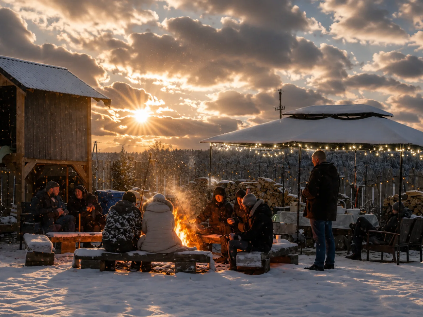 Visitors sitting around a bonfire in the snow beside a wooden shed