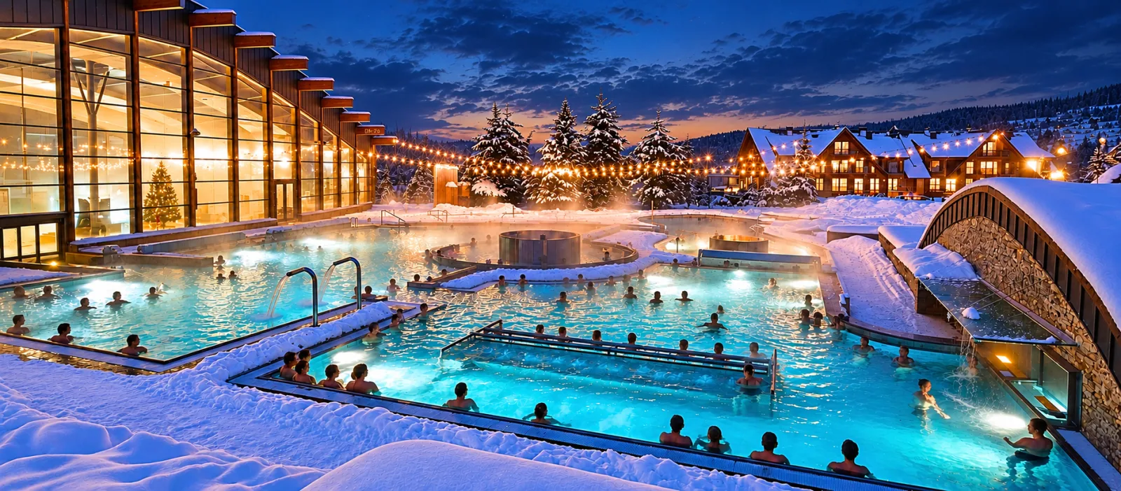 Steaming outdoor thermal pools surrounded by snow and string lights at night