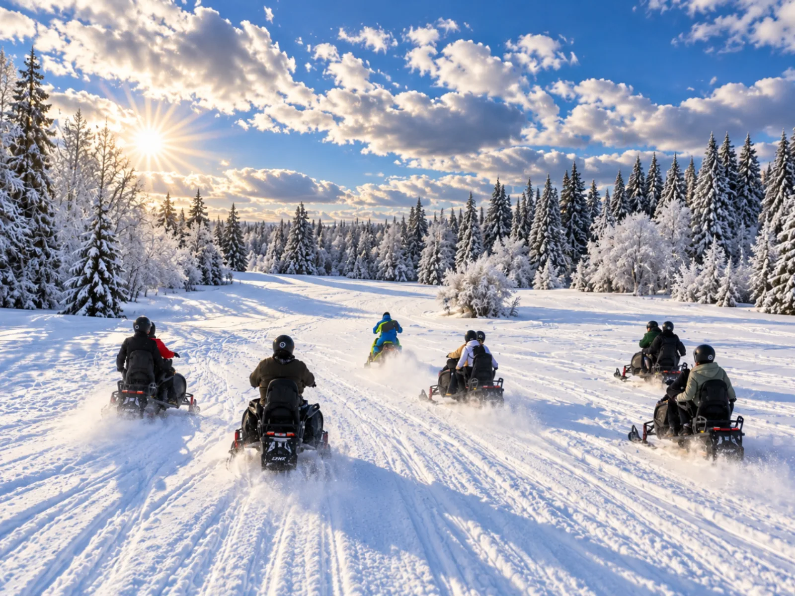 Line of snowmobiles riding across a wide snowy clearing in sunshine