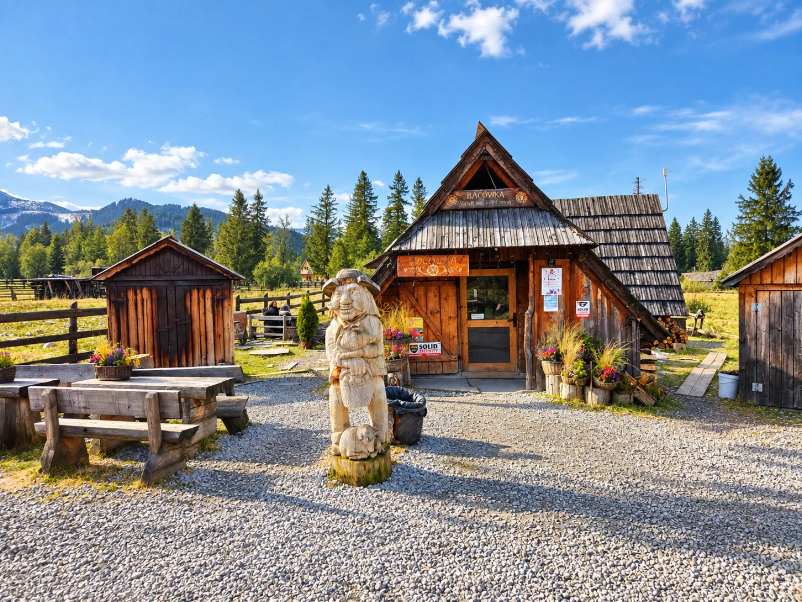 Wooden highlander hut with a carved figure and benches outside