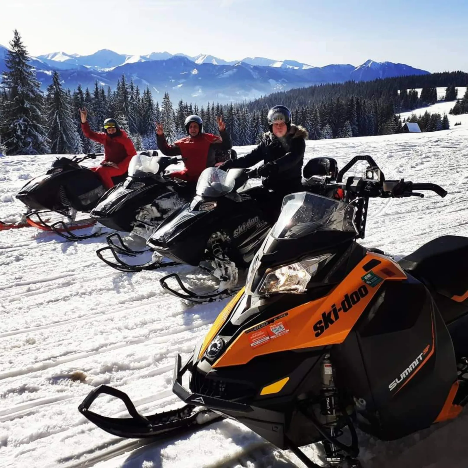 Riders on a row of Ski-Doo snowmobiles with snowy peaks behind