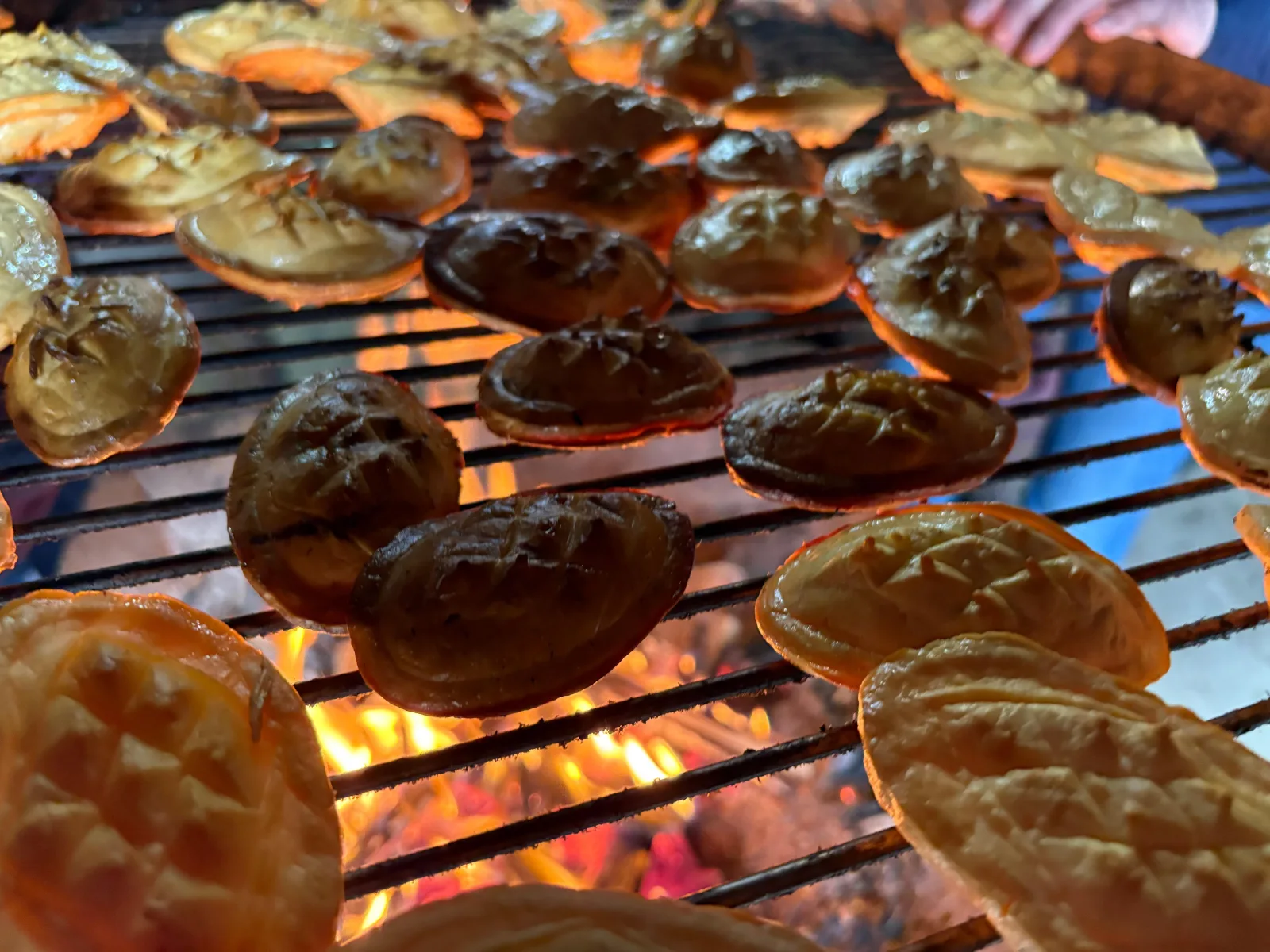 Small smoked cheeses browning on a grill over a wood fire