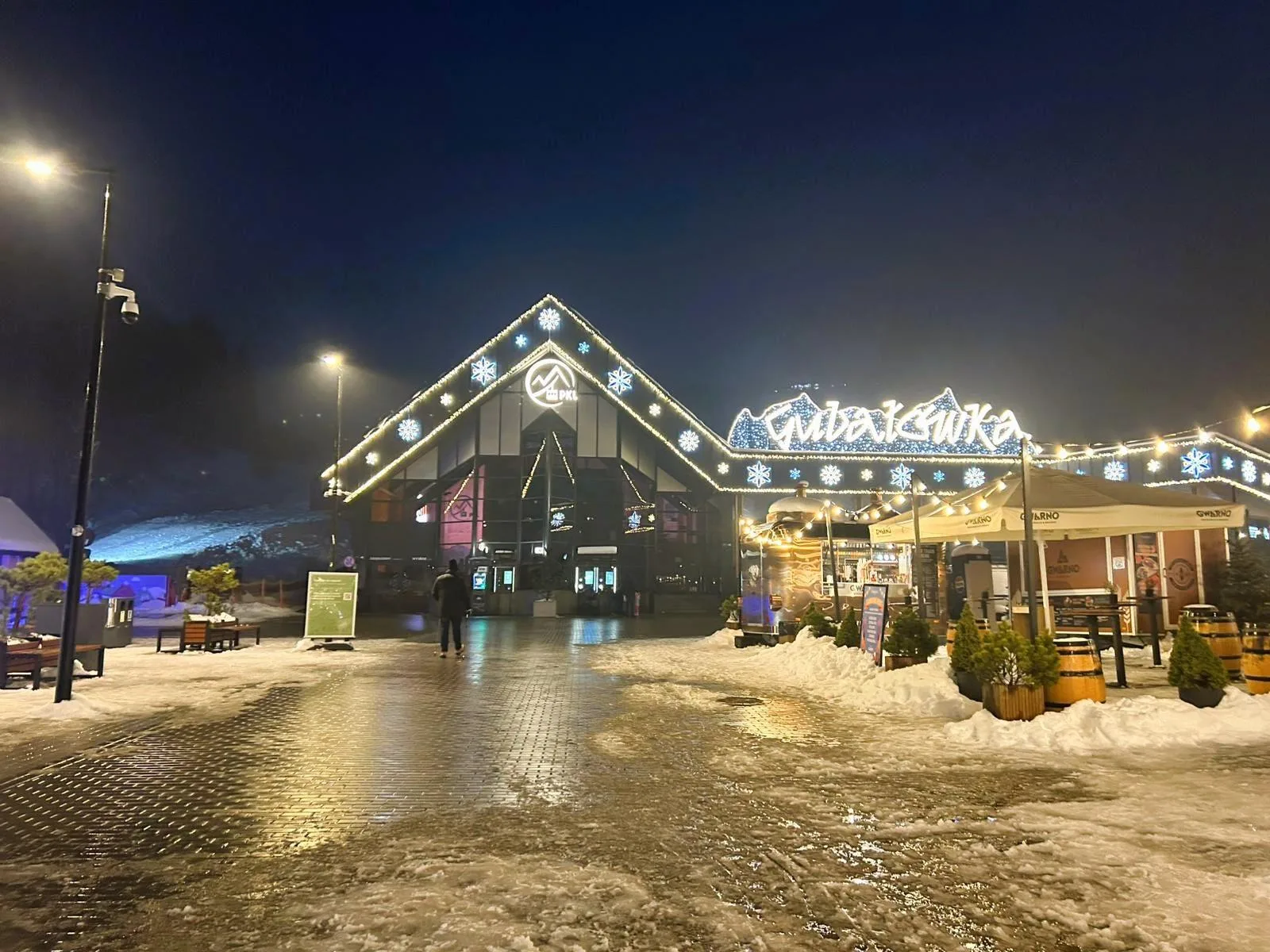 Gubałówka funicular station lit with snowflake lights on a winter night