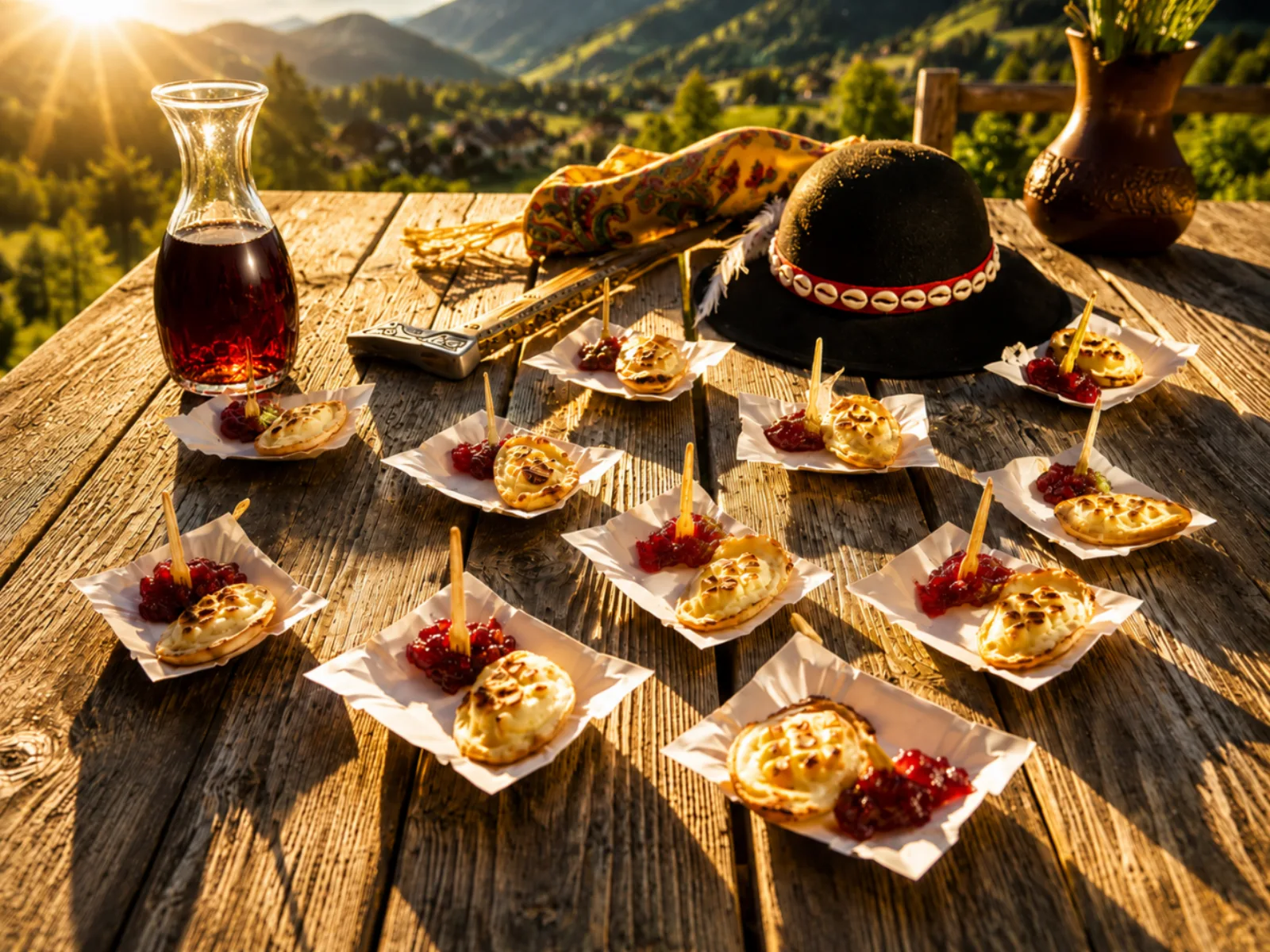 Grilled cheese with cranberry, a carafe of liqueur and a highlander hat