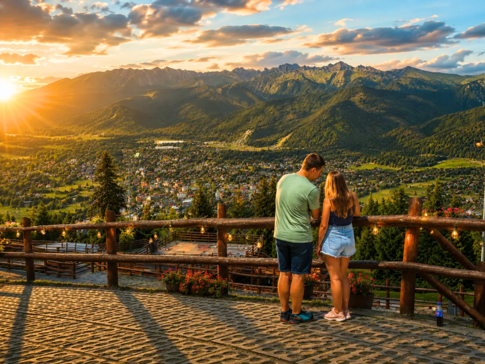 Couple at a wooden railing looking over a valley town and peaks