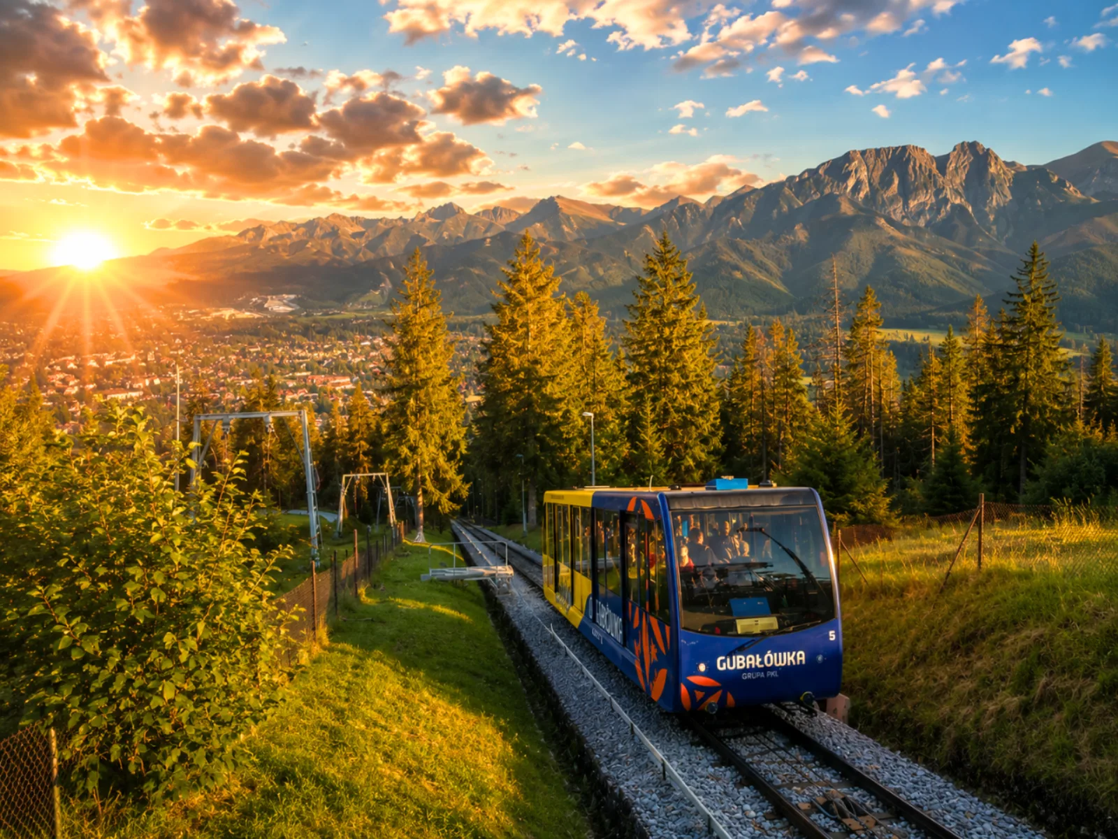 Gubałówka funicular car on the track at sunset above Zakopane