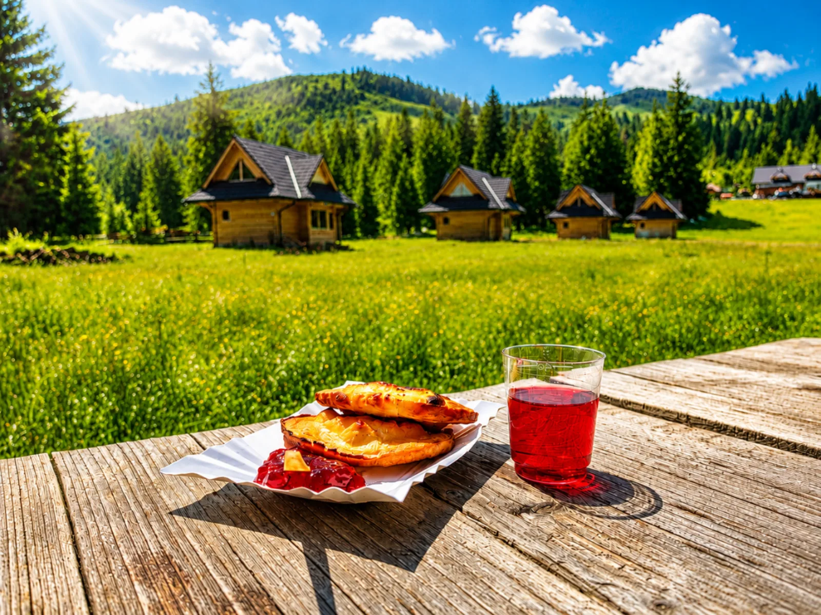 Grilled cheese and a cup of red drink on a table by a meadow