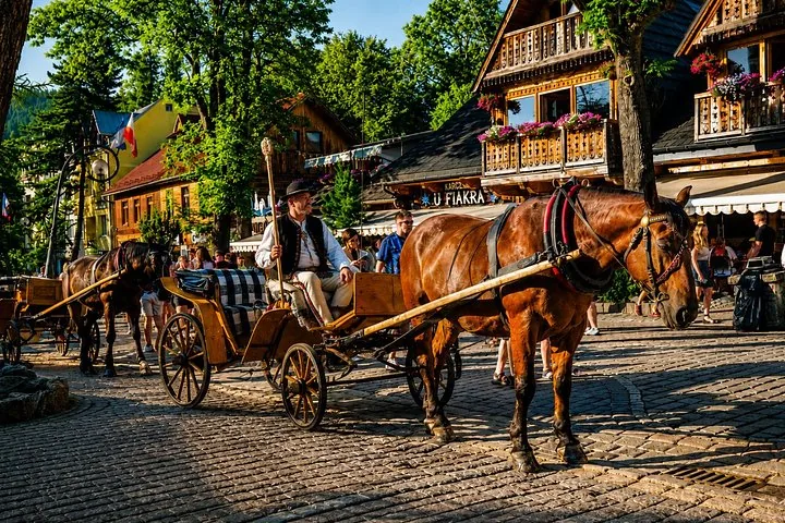 Horse-drawn carriage with a driver in highland dress on a cobbled street