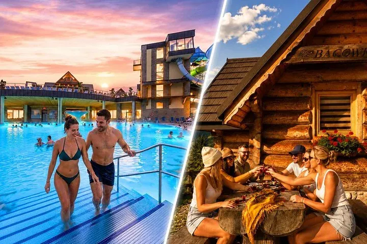 Bathers at a thermal pool and guests sharing a tasting outside a wooden hut