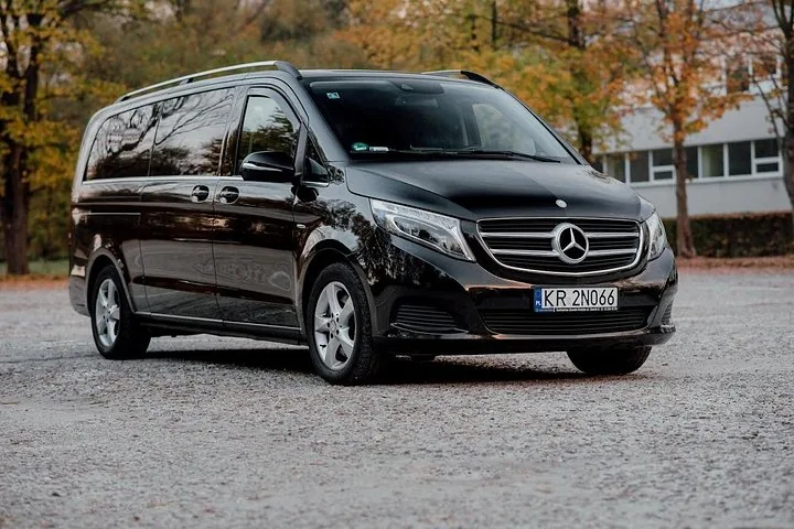 Black Mercedes minivan parked on gravel among autumn trees