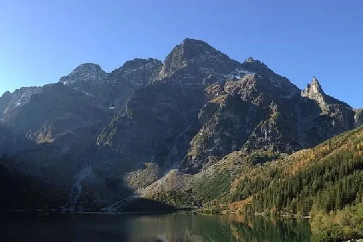 Sharp rocky peaks rising above the shore of a mountain lake